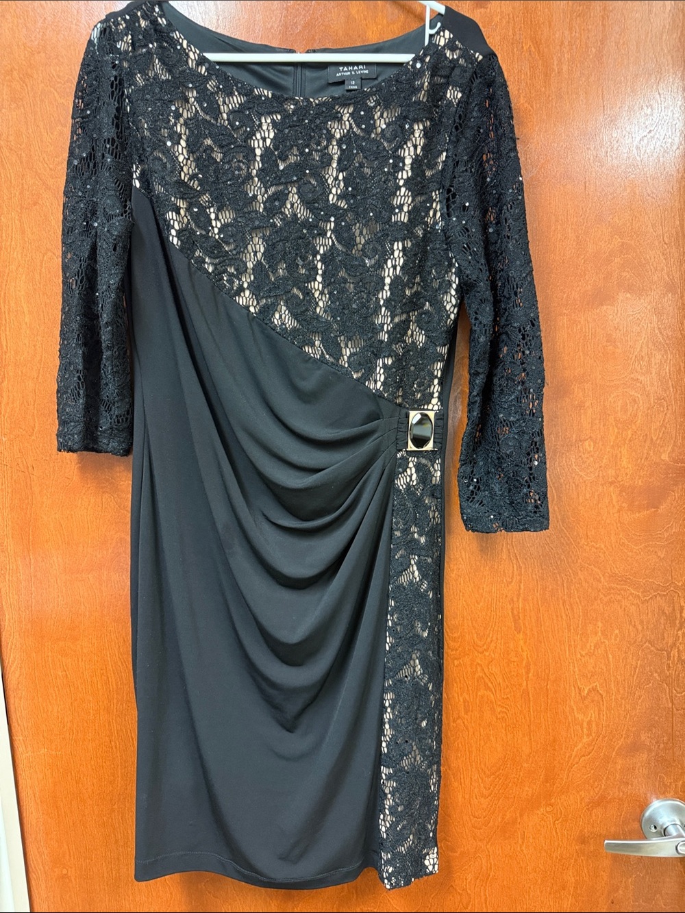 Tahari ASL Black Lace‎ Draped Sheath Dress with Decorative Buckle sz 12